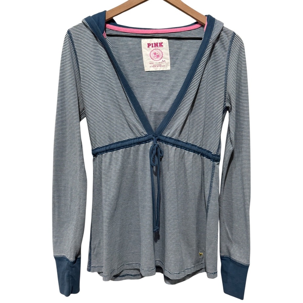 PINK Victorias Secret Y2K Striped Hooded Babydoll Top Blue Sz M Embroidered